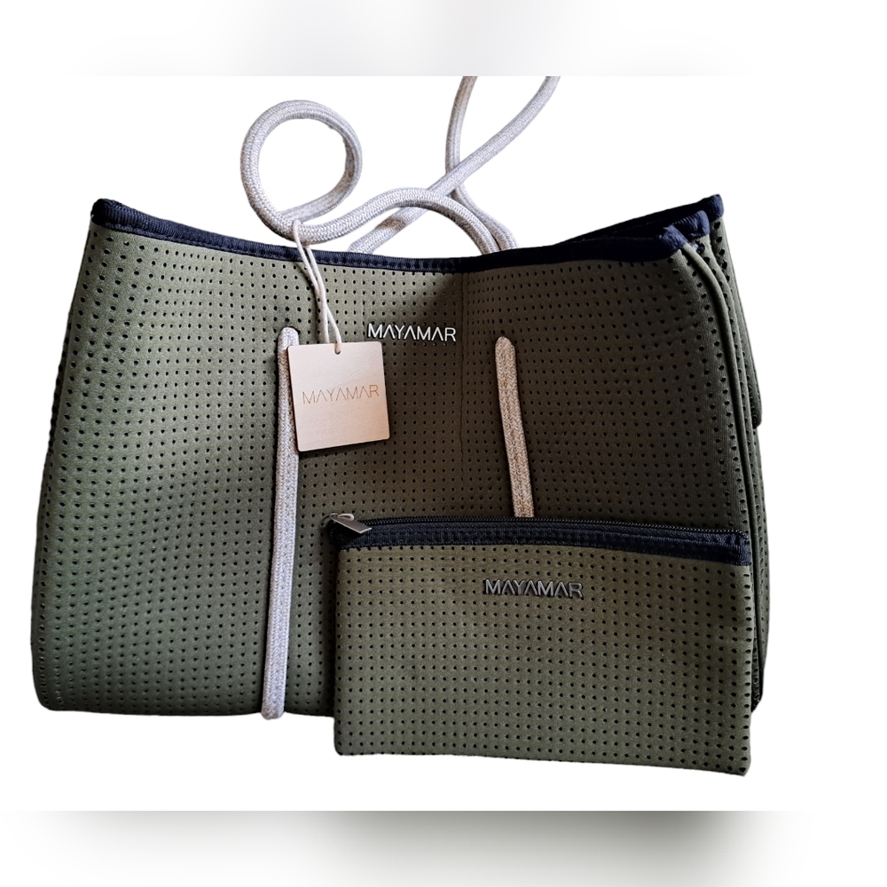 MAYAMAR neoprene perforated army green tote beach bag cosmetic case rope handles